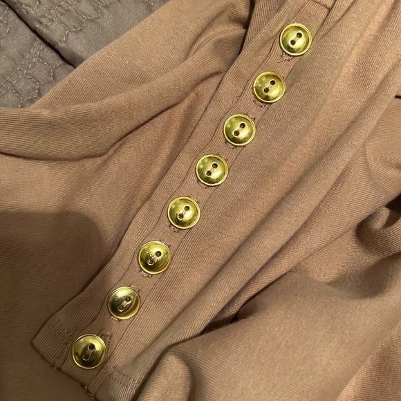 76. BCBGMAXAZRIA Ruched Puff Sleeve Bodysuit in Camel - Picture 14 of 14